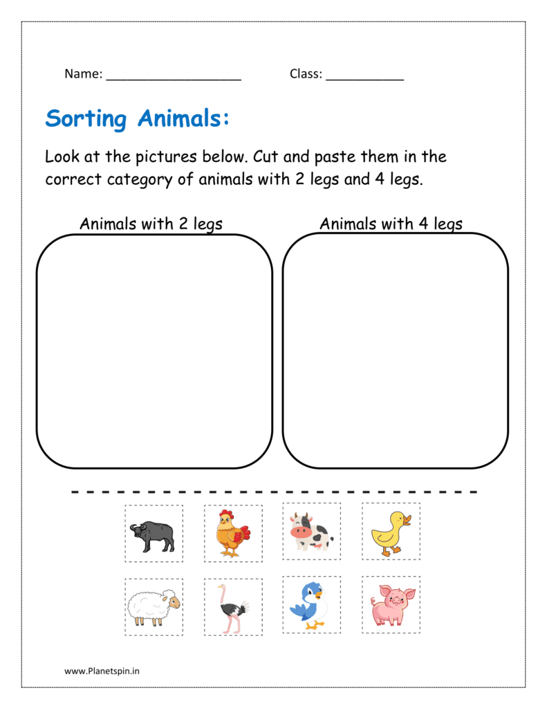 Cut and paste the animals in the correct category of animals with 2 legs and 4 legs.