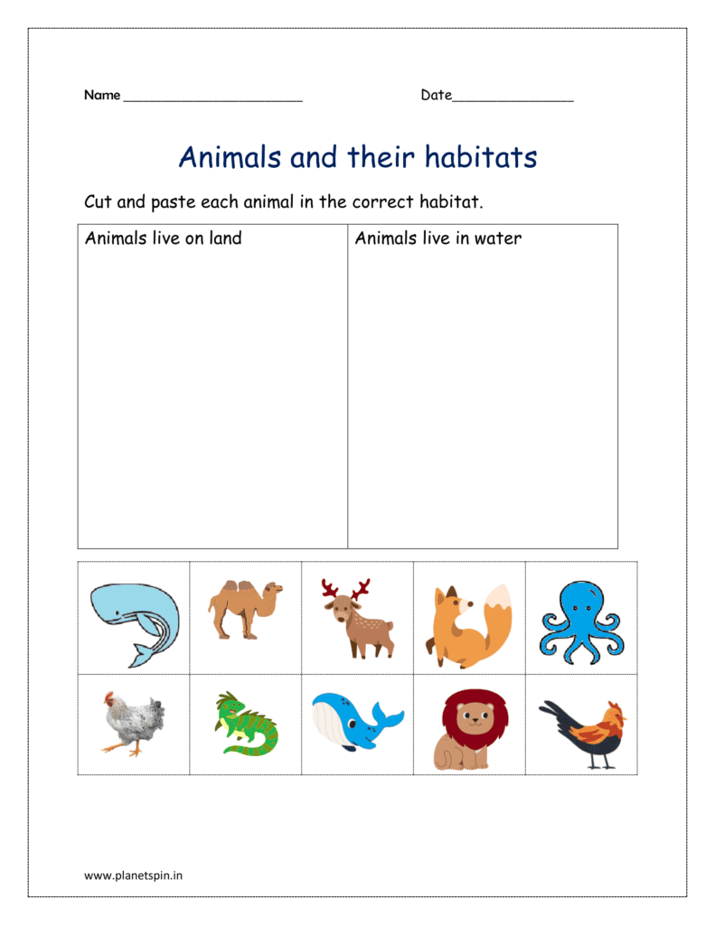 Land and water animals: Clue: Read the clue and cut and paste each animal in the correct box 