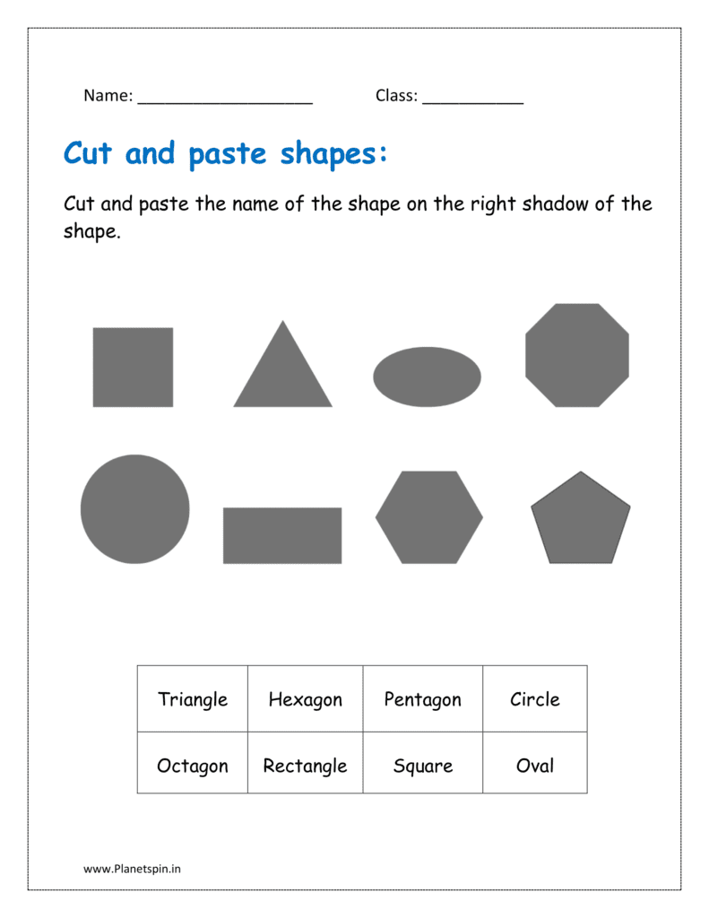 Cut and paste the name of the shape on the right shadow of the shape in the free grade 1 worksheet. 