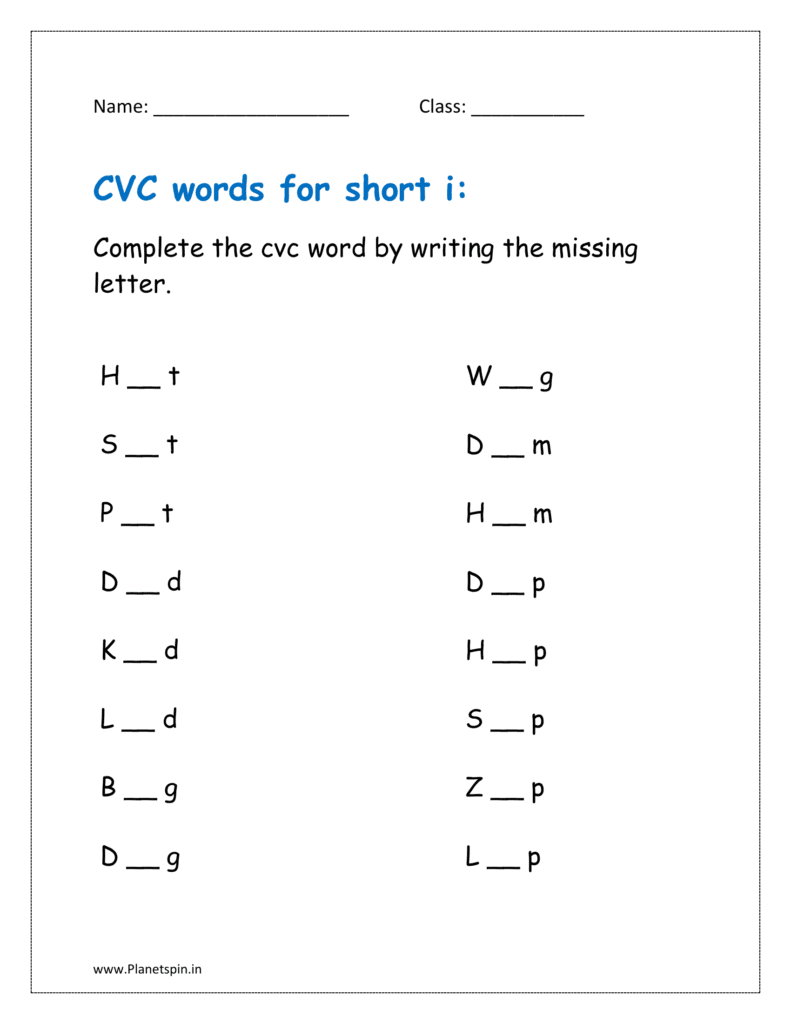 i: Complete the cvc words by writing the missing letter  in the free kindergarten worksheets pdf