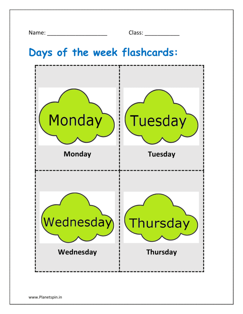 Days of the week flashcards: Monday. Tuesday, Wednesday, Thursday