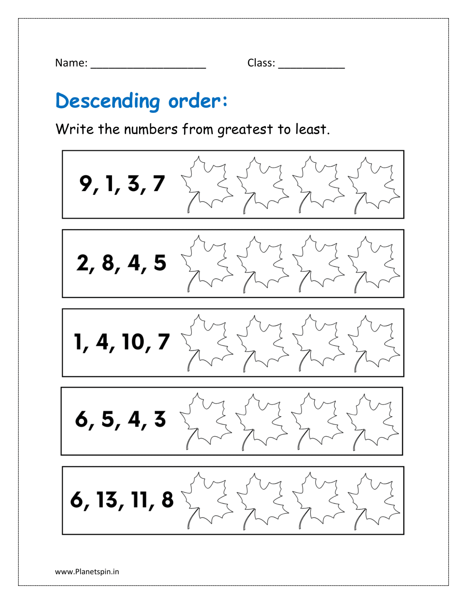 Descending order worksheet for kindergarten | Planetspin.in