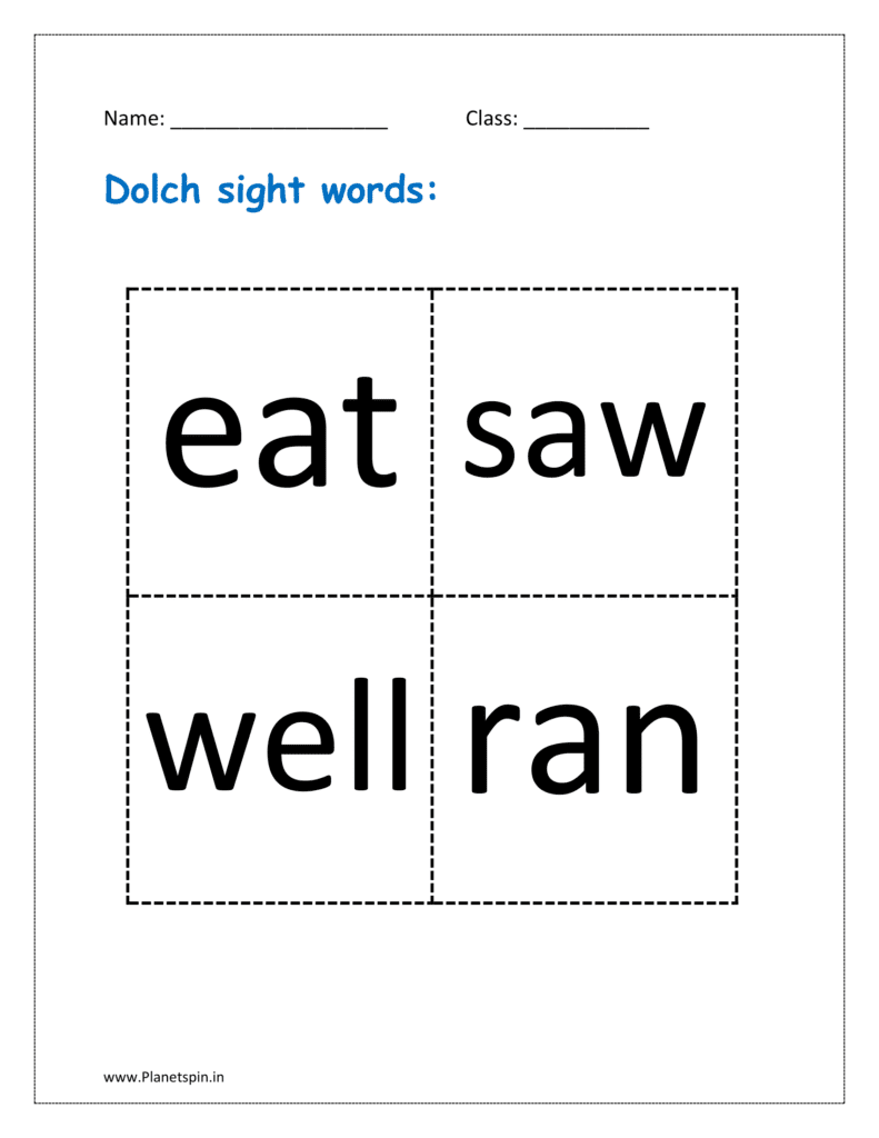 Dolch sight words: eat, saw, well, ran