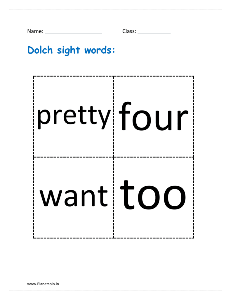 Dolch sight words: pretty, four, want, too