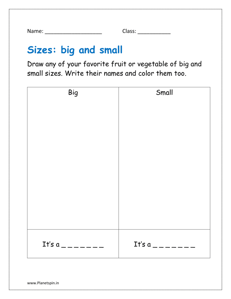 Draw any of your favorite fruit or vegetable of big and small size in worksheets. Write their names and color them too