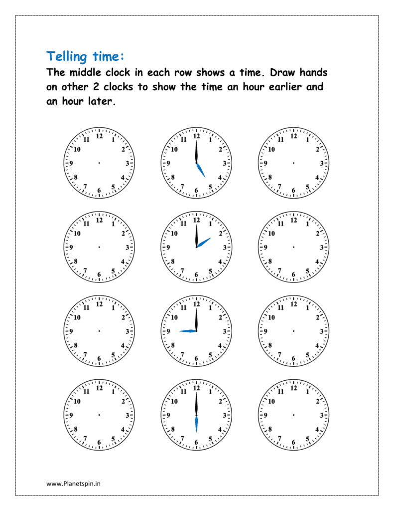 Draw hands in 2 clocks to show an hour earlier and later time