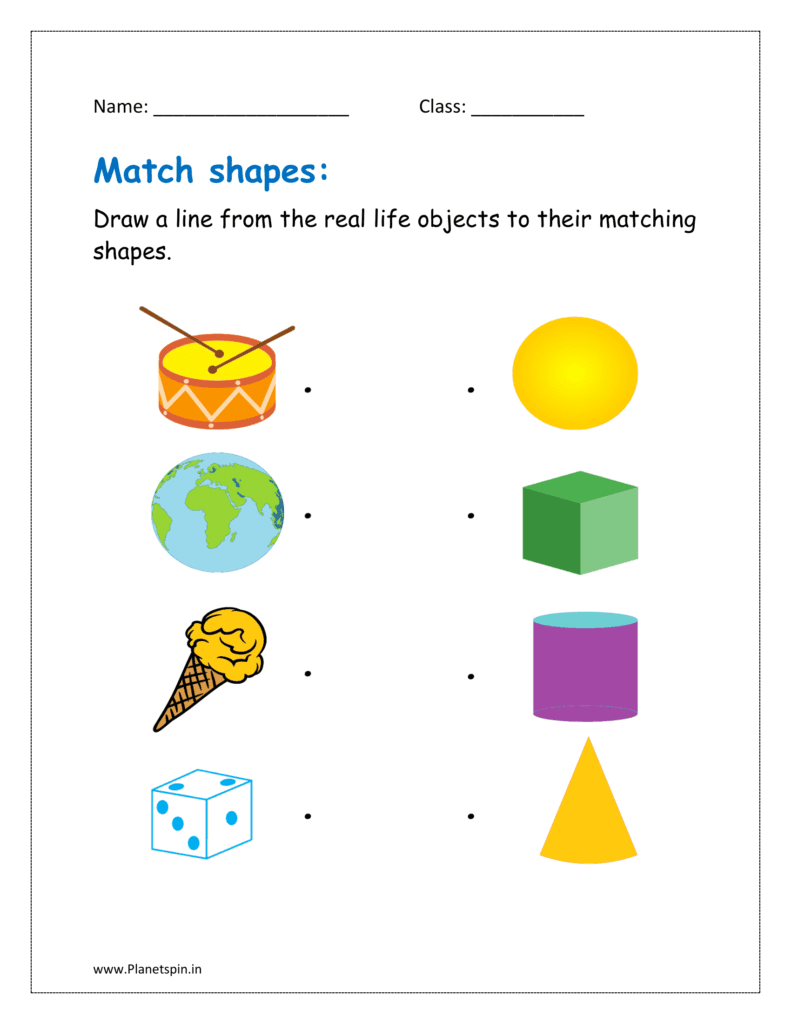 Draw a line from the real life objects to their matching shapes.