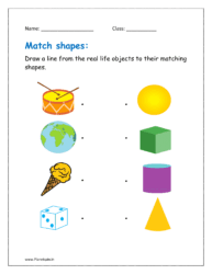 Draw a line from the real life objects to their matching shapes.