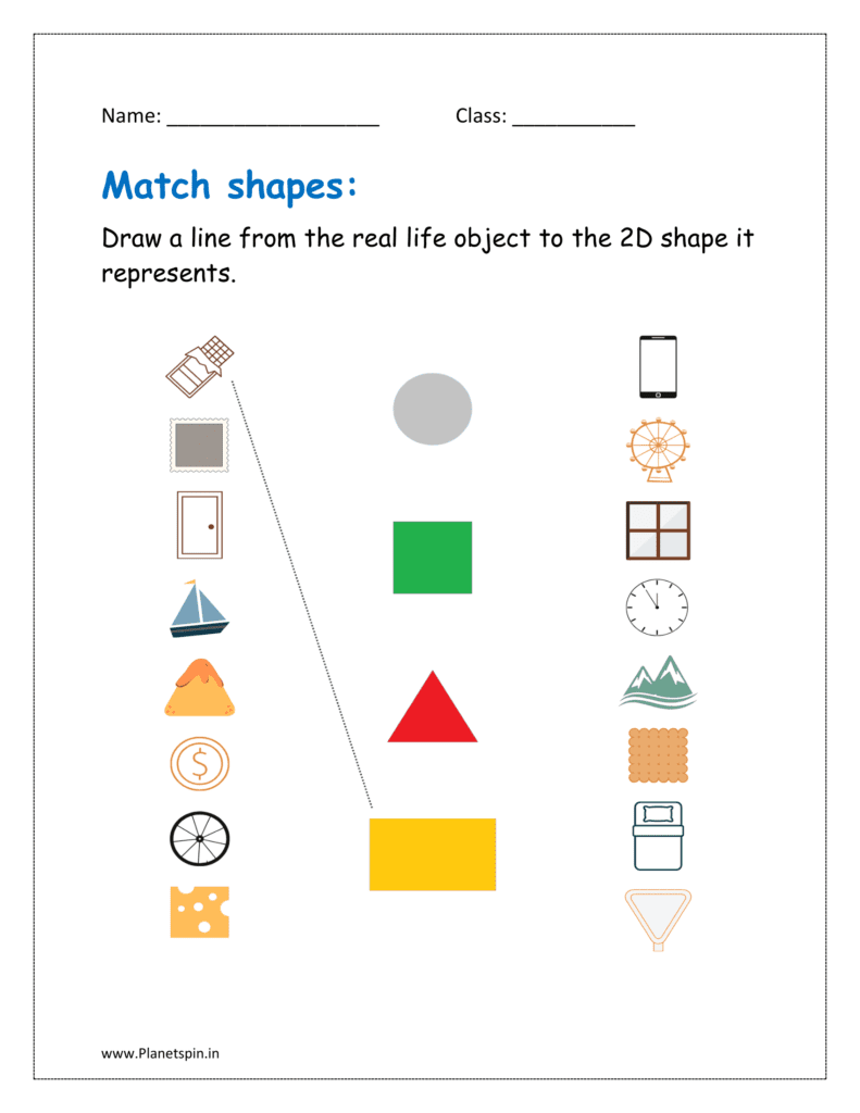 Draw a line from the real life object to the 2D shape it represents.