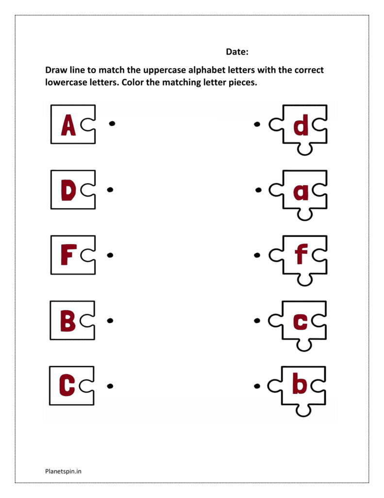 3: Draw line to match the uppercase alphabet letters with the correct lowercase letters. Color the matching letter pieces