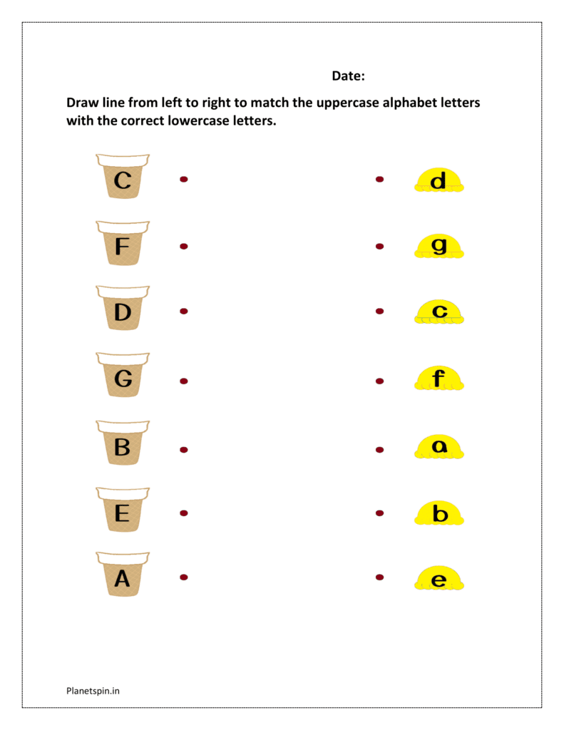 A to G: Draw line from left to right to match the uppercase alphabet letters with the correct lowercase letters