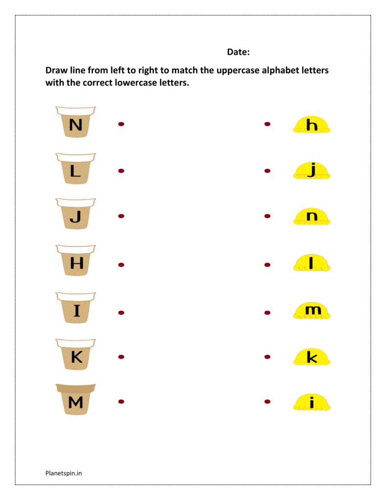 I to N: Draw line from left to right to match the uppercase alphabet letters with the correct lowercase letters