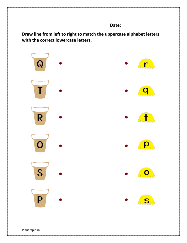 O to T: Draw line from left to right to match the uppercase alphabet letters with the correct lowercase letters