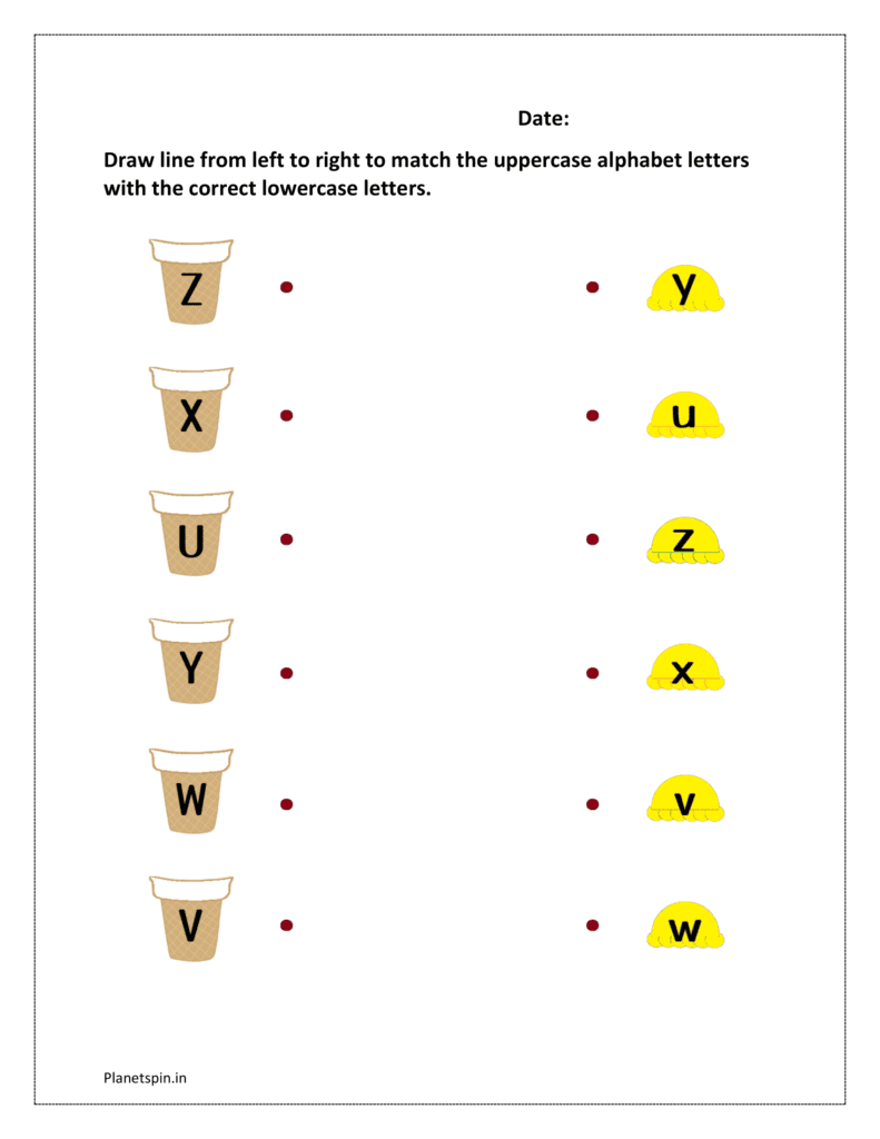 U to Z: Draw line from left to right to match the uppercase alphabet letters with the correct lowercase letters