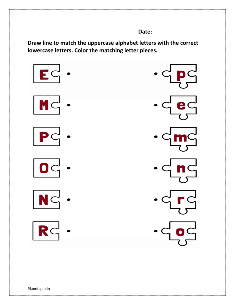 2: Draw line to match the uppercase alphabet letters with the correct lowercase letters. Color the matching letter pieces