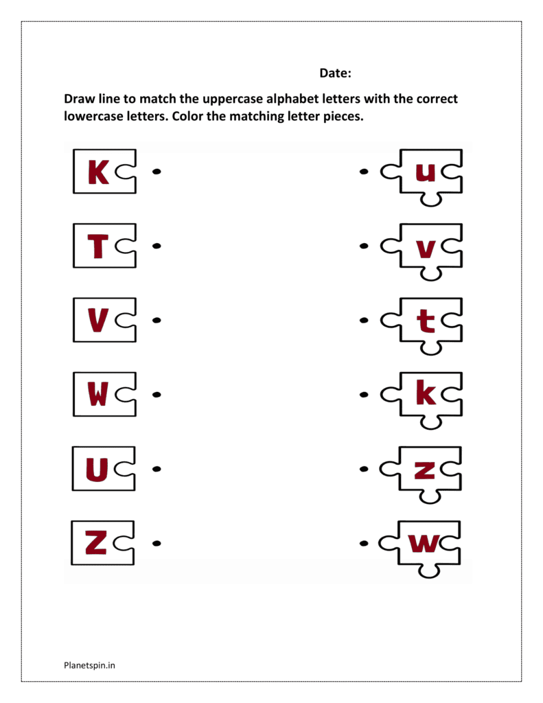 1: Draw line to match the uppercase alphabet letters with the correct lowercase letters. Color the matching letter pieces