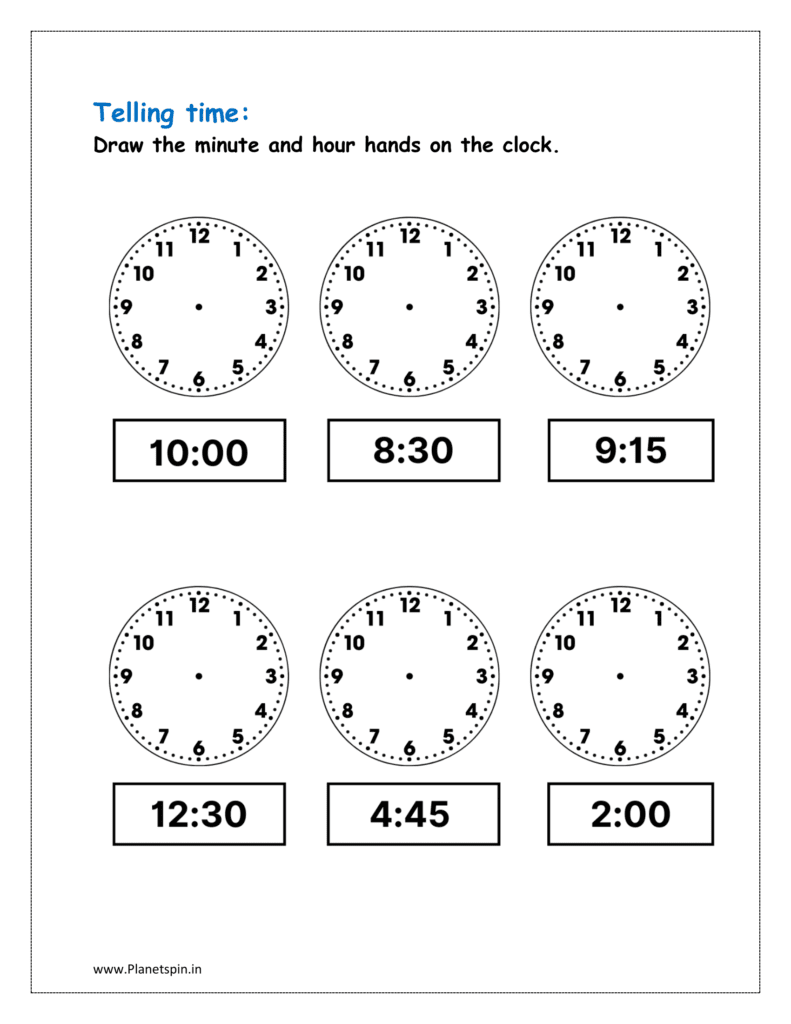 Draw minute and hour hands and download the free printable telling time worksheets grade 1