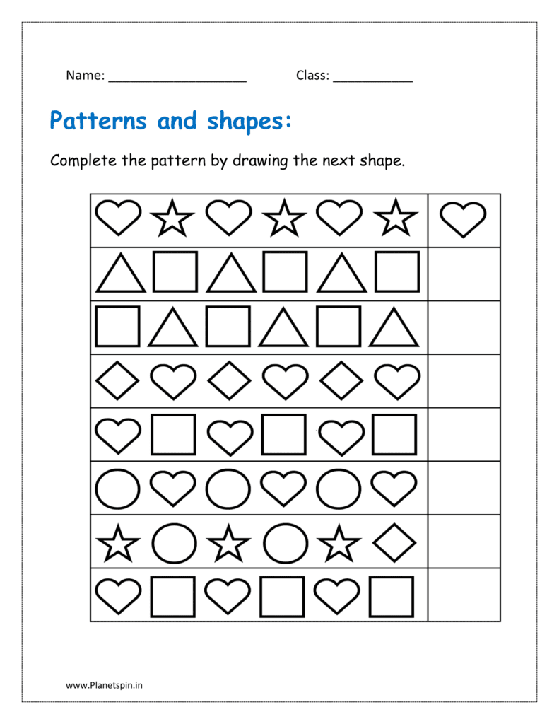 Complete the patterns by drawing the next shape in the worksheets for class 1.