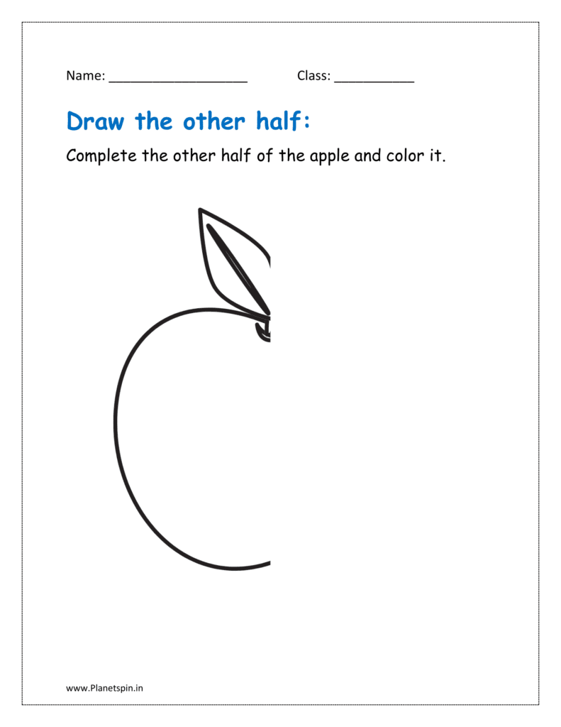 Complete the other half of the apple and color it in the given printable worksheet.