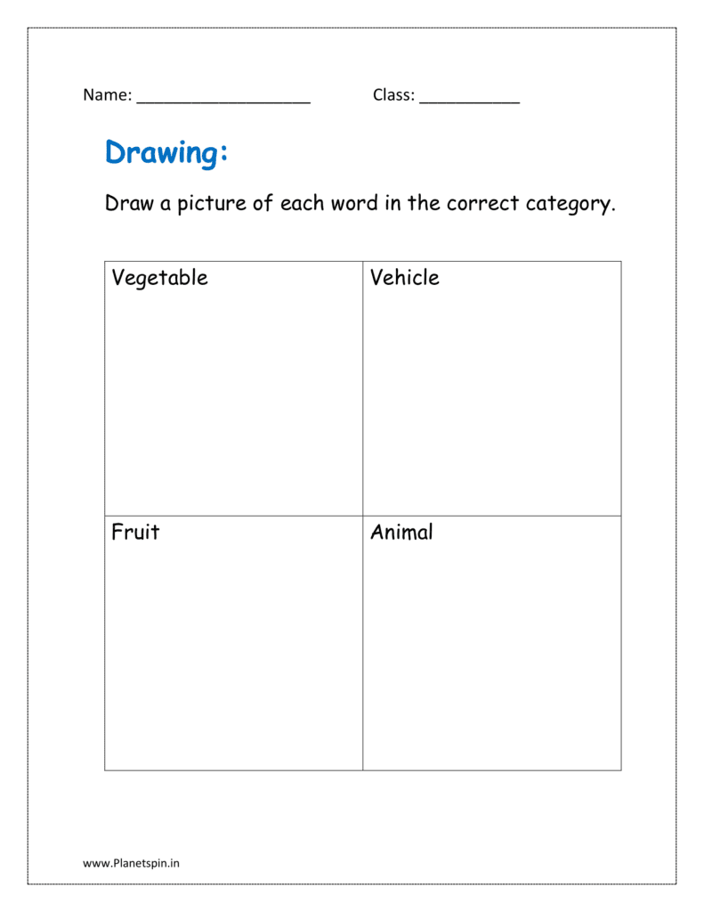 Draw a picture of each word in the correct category in the given classifying words worksheets for grade 1