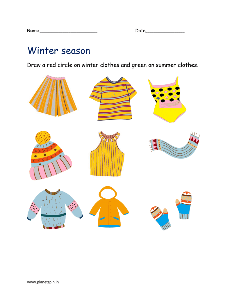 Winter clothes: Draw a red circle on winter clothes and green on summer clothes