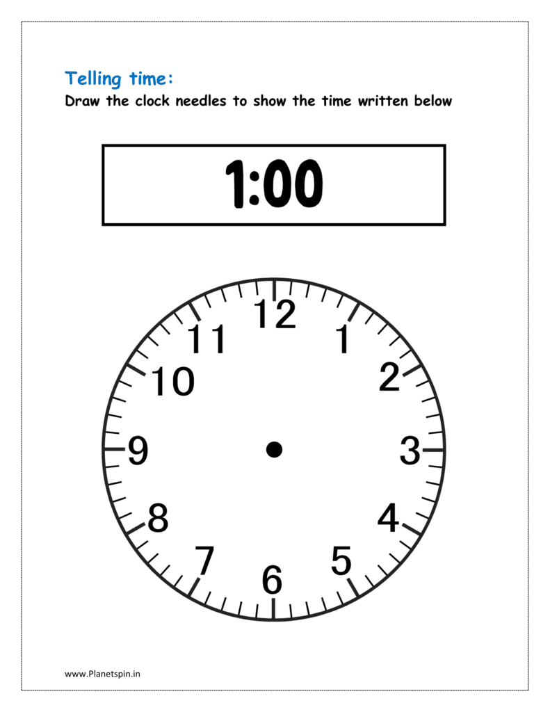 1 o'clock: Draw clock needles and download the free printable telling time worksheets grade 1