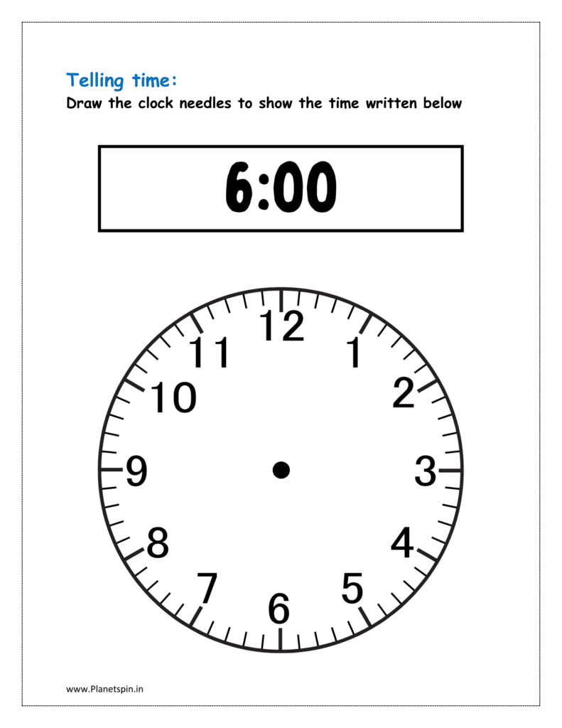 6 o'clock: Draw clock needles (Free printable telling time worksheets grade 1)