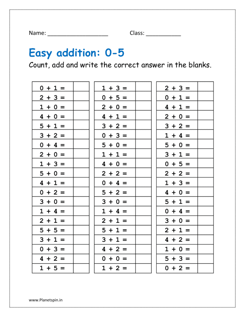 Count, add and write the correct answer in the blanks in the free printable Addition worksheet for grade 1.