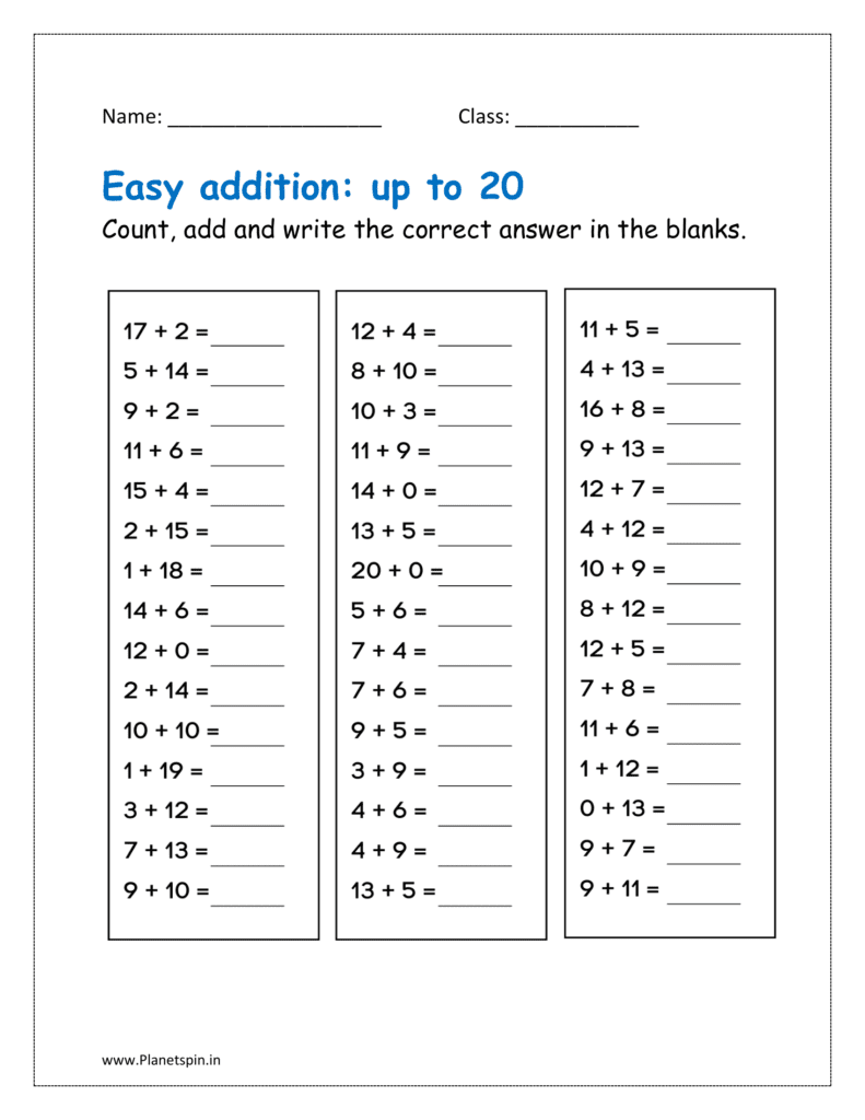 Count, add and write the correct answer in the blanks (Addition up to 20 worksheets for grade 1)