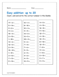 Count, add and write the correct answer in the blanks (Addition up to 20 worksheets for grade 1)