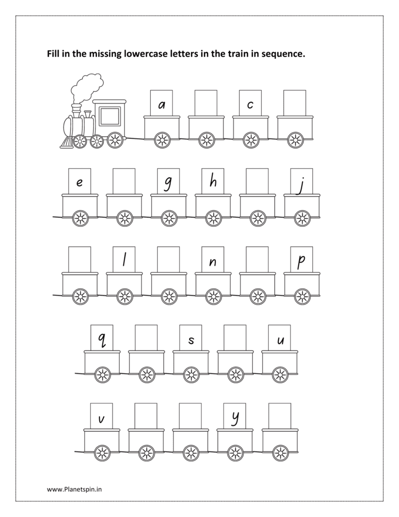 Train with letters: Fill in the missing lowercase letters in sequence in the empty train blocks