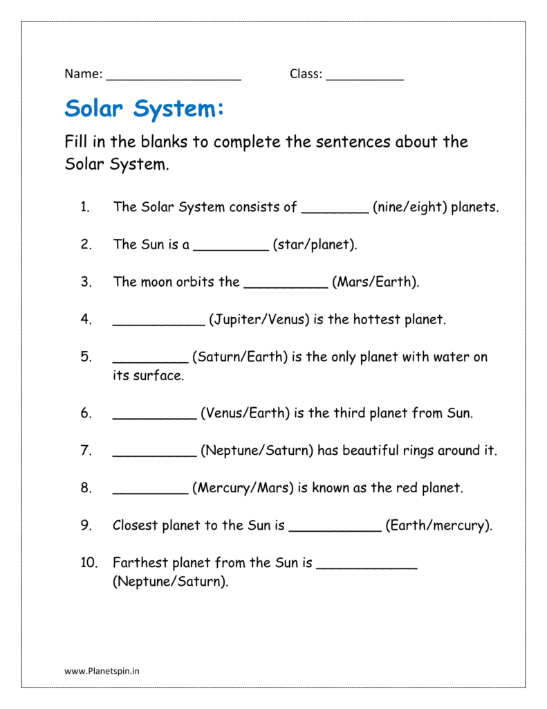 Fill in the blanks to complete the sentences about the Solar System.