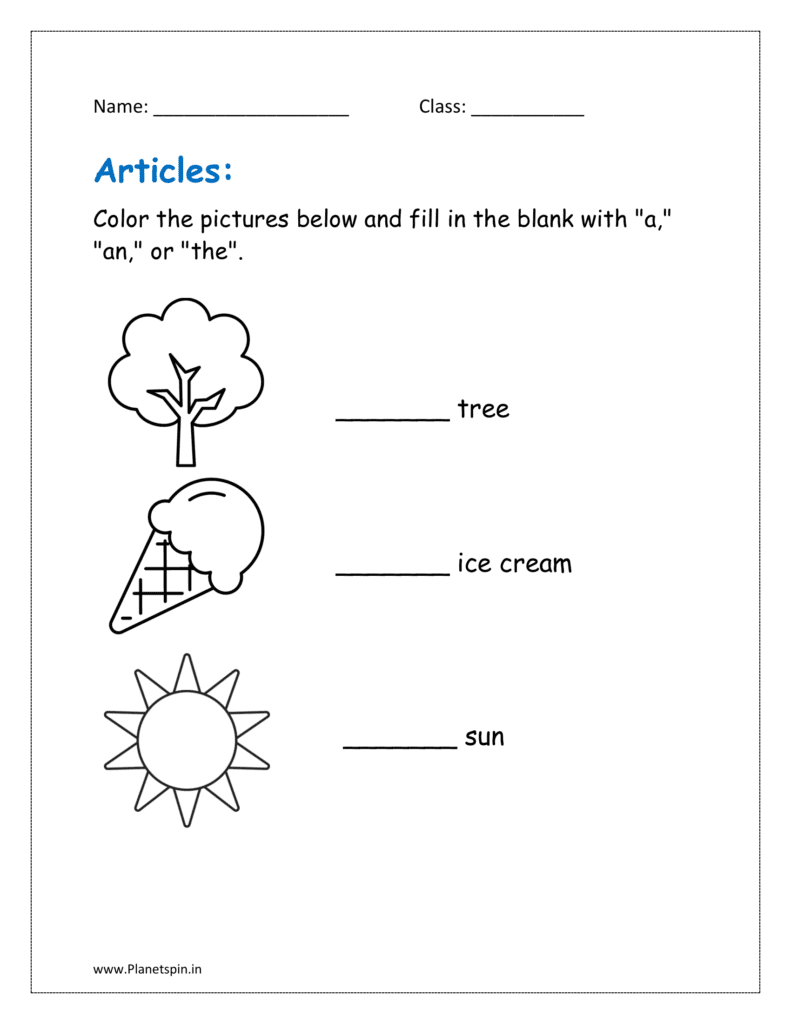 articles worksheet for class 1