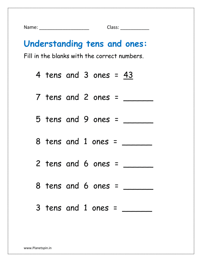 Fill in the blanks with the correct numbers in the place value worksheet for class 1 