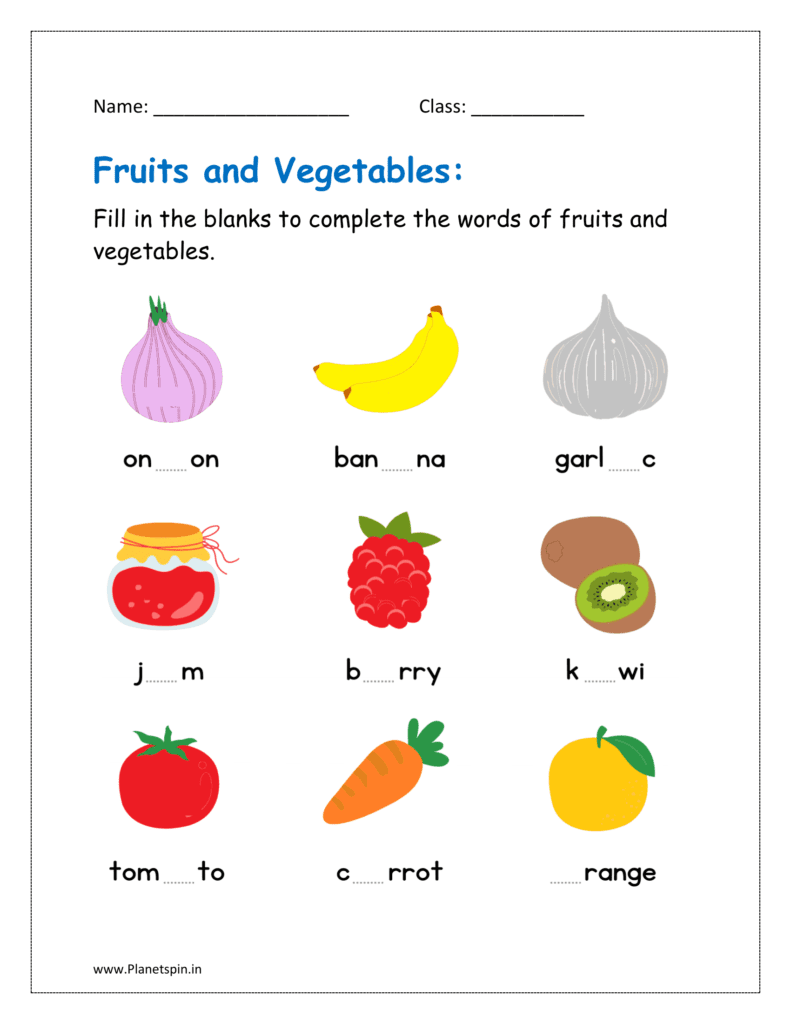 Fill in the blanks to complete the words of fruits and vegetables in the worksheet