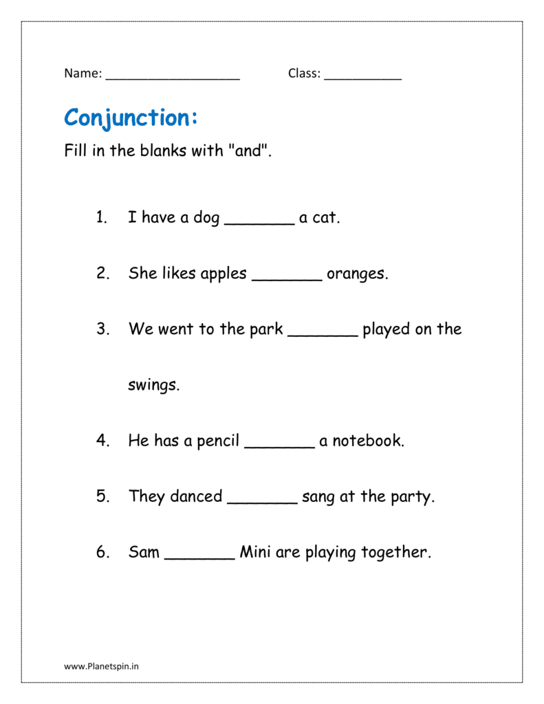 Fill in the blanks with "and" in the coordinating conjunction worksheet