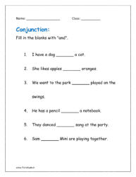 Fill in the blanks with "and" (conjunction worksheets for grade 1 pdf)