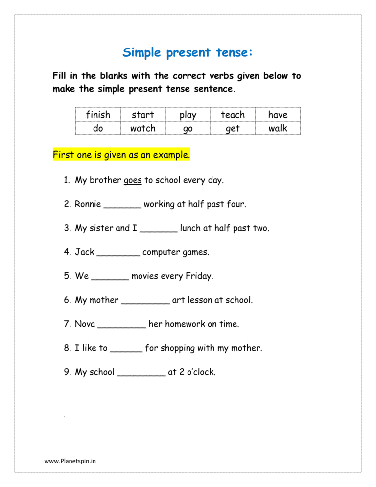 Present tense exercises pdf for grade 1 | Planetspin.in