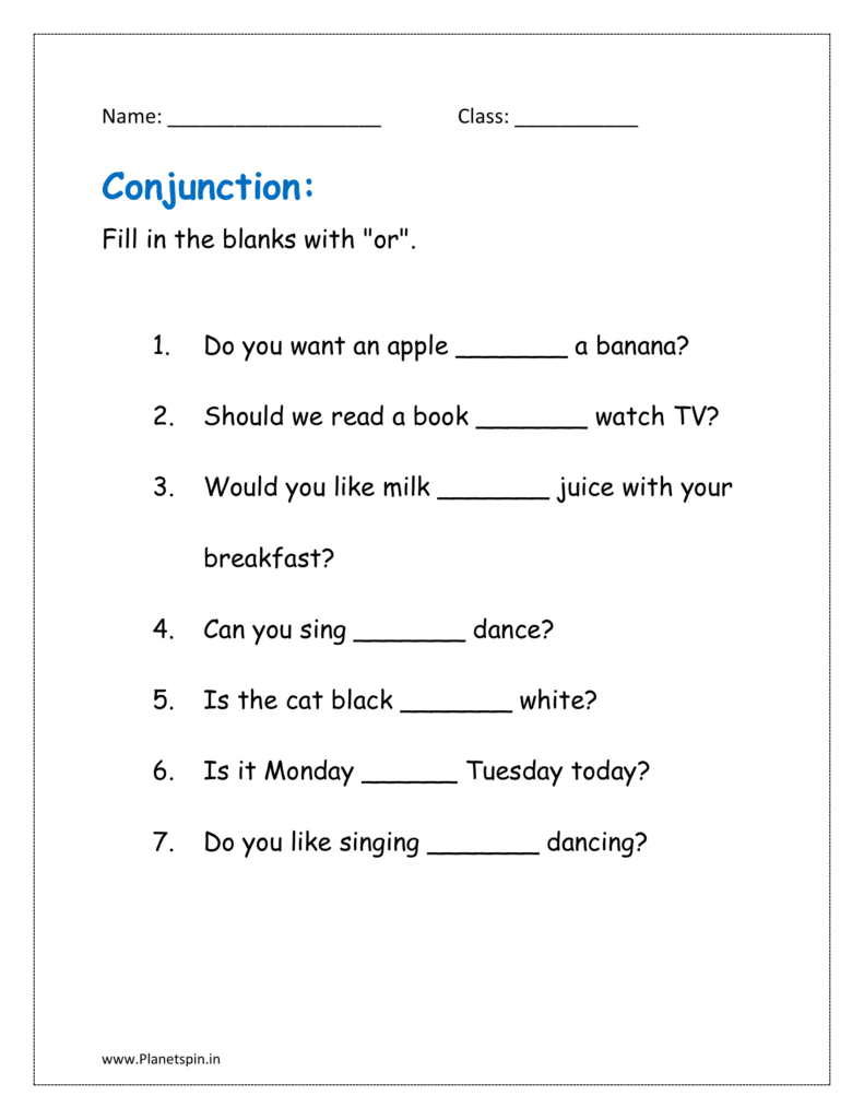 Fill in the blanks with "or" in the coordinating conjunction worksheet