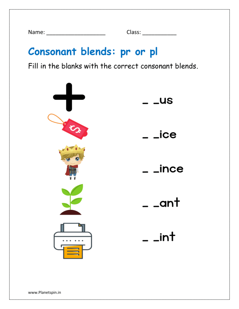 pr or pl blends: Fill in the blanks with the correct consonant blends 