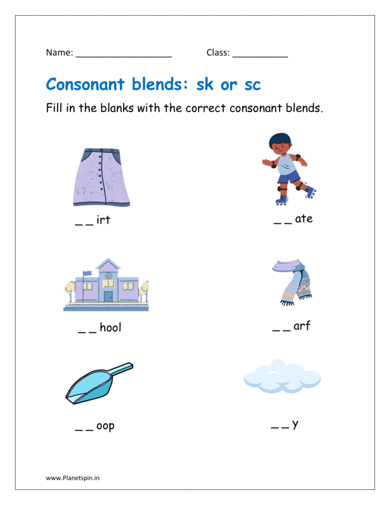 sk or sc blends: Fill in the blanks with the correct consonant blends.