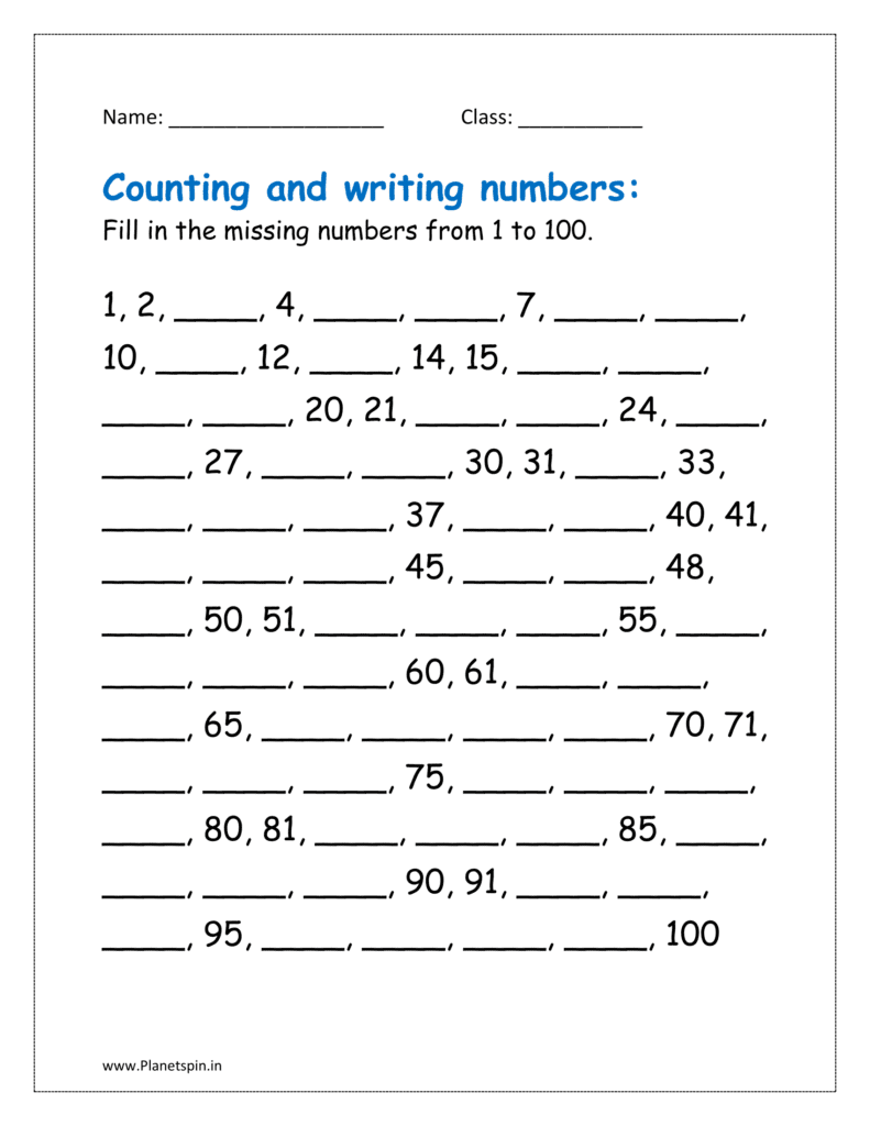 Fill in the missing numbers from 1 to 100.