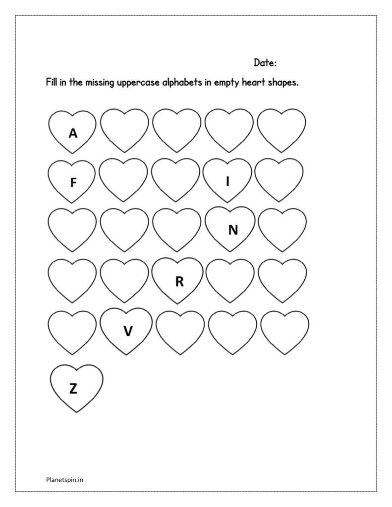 Heart shapes: Fill in the missing uppercase alphabet letters in empty heart shapes alphabetical in order