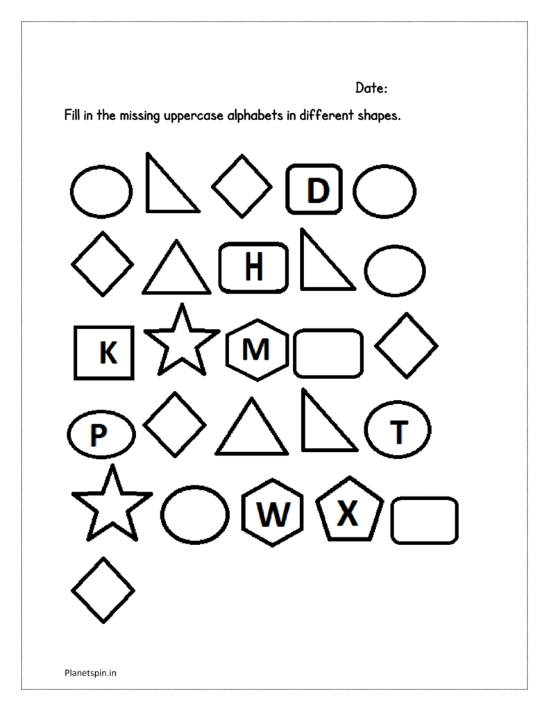 Different shapes: Fill in the missing uppercase alphabet letters in different shapes alphabetical in order