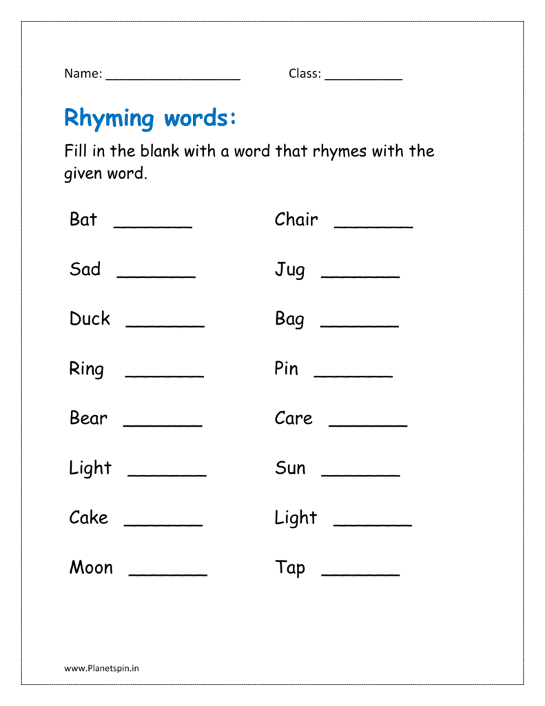 Fill in the blank with a word that rhymes with the given word in the grade 1 worksheet 