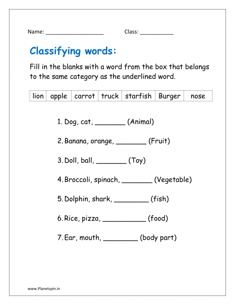 Fill in the blanks with a word from the box that belongs to the same category as the underlined word (classifying words worksheets for grade 1)