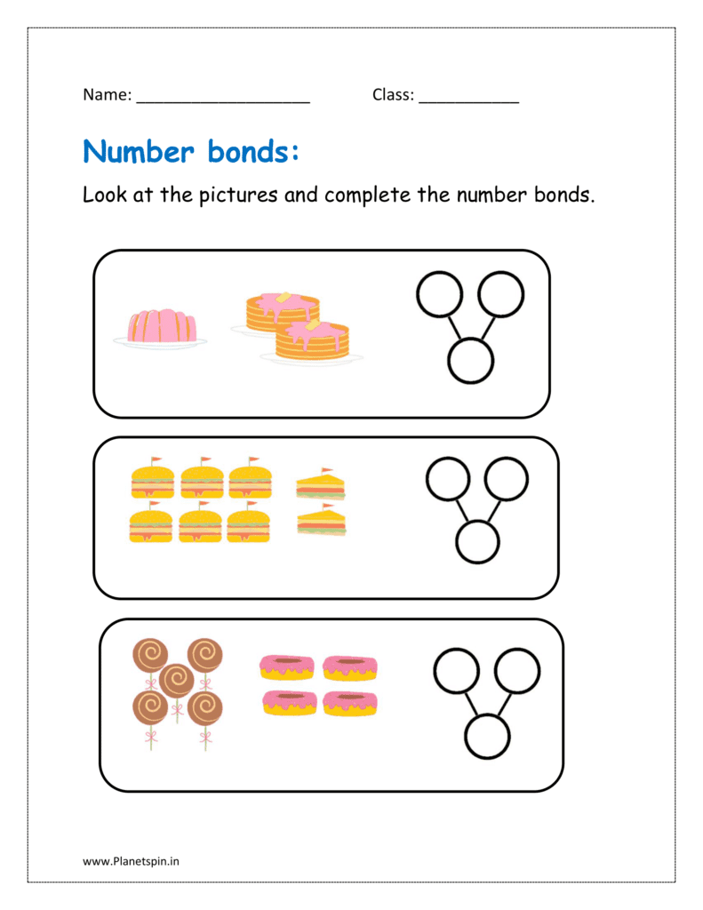 Look at the pictures and complete the number bonds.