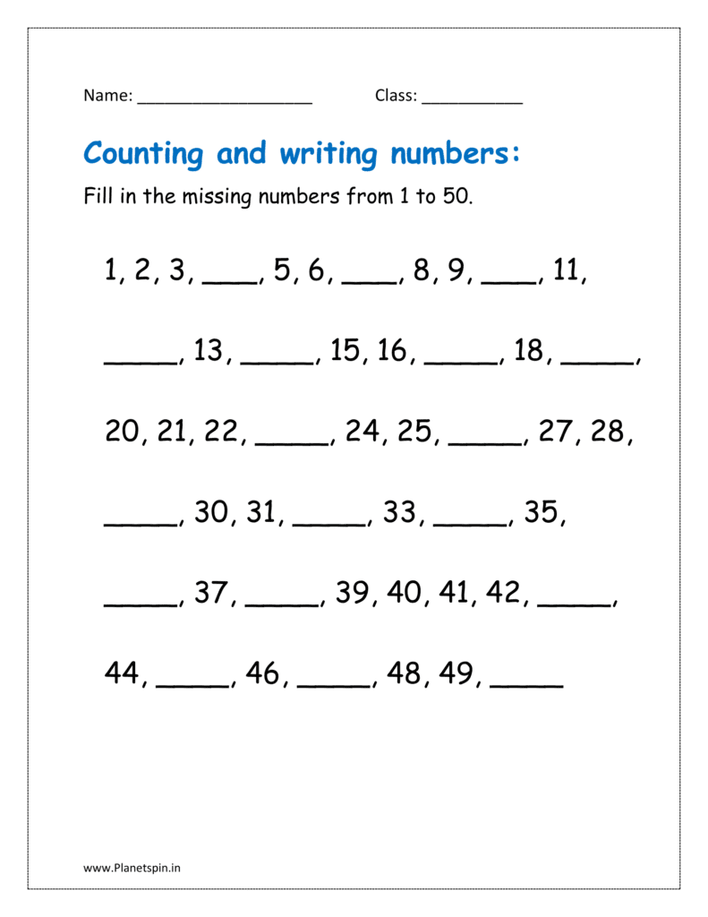 Fill in the missing numbers from 1 to 50.