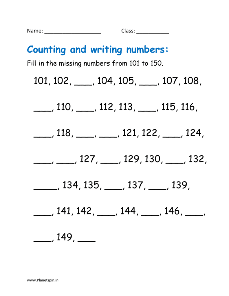 Fill in the missing numbers from 101 to 150.