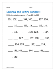 Fill in the missing numbers from 101 to 150.